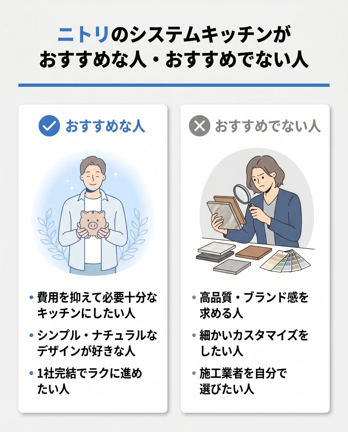 ニトリのシステムキッチンがおすすめな人・おすすめでない人 インフォグラフィック