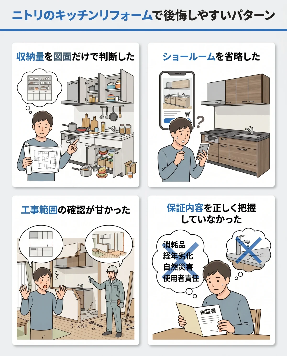 ニトリのキッチンリフォームで後悔しやすいパターン インフォグラフィック