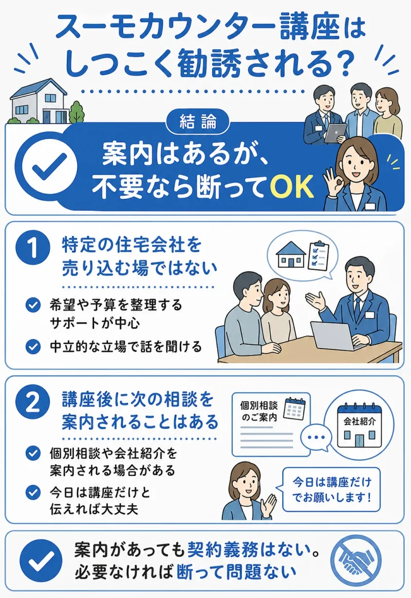 スーモカウンター講座後の勧誘・相談案内について表した図解