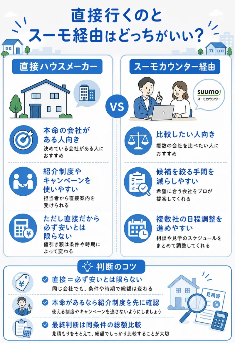直接ハウスメーカーに行く場合とスーモカウンター経由を比較した図