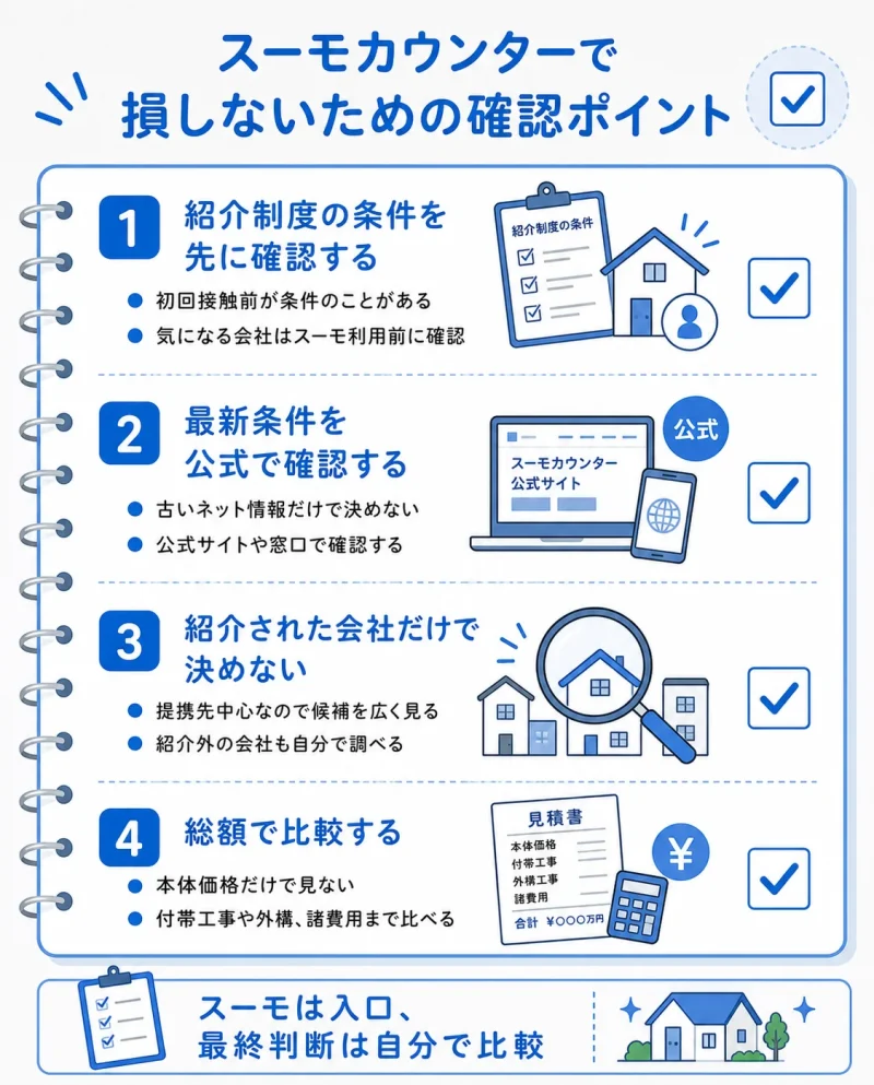 スーモカウンターで損しないための確認ポイントを解説する図