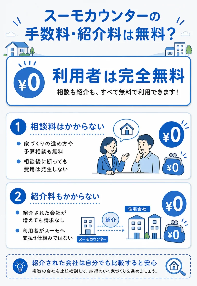 スーモカウンターの手数料・紹介料が無料かどうかを解説する図