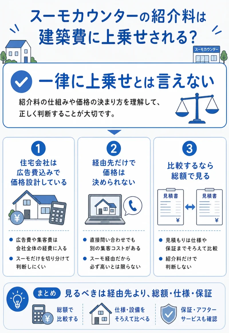 スーモカウンターの紹介料が建築費に上乗せされるかを解説する図