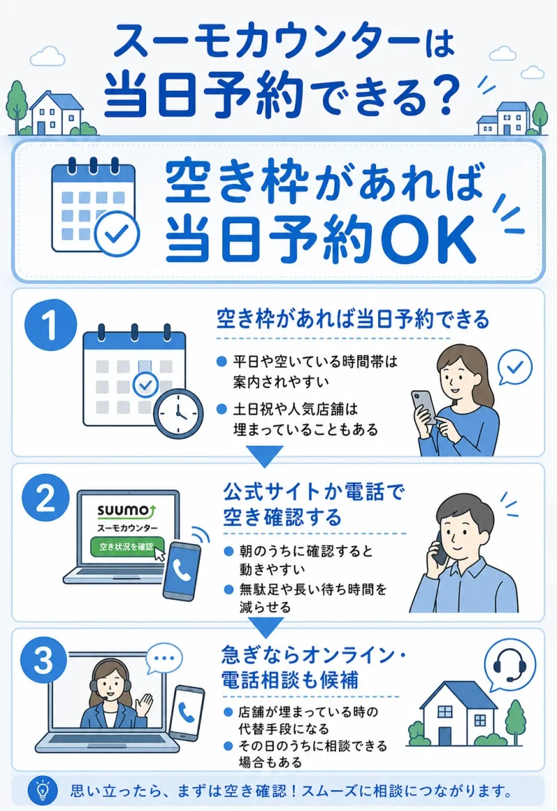 スーモカウンターは当日予約できる?空き枠があれば当日予約OK
