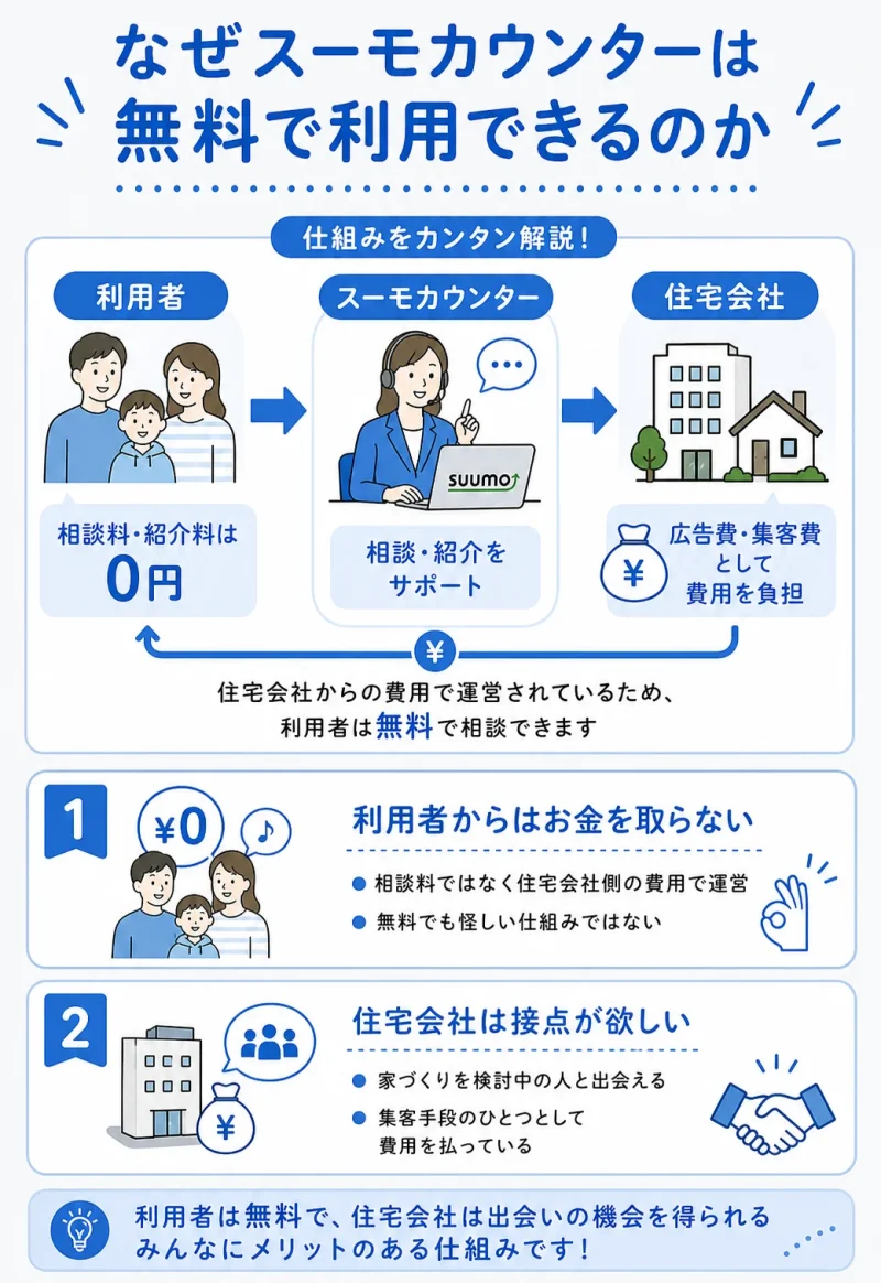 スーモカウンターが無料で利用できる仕組みを解説する図